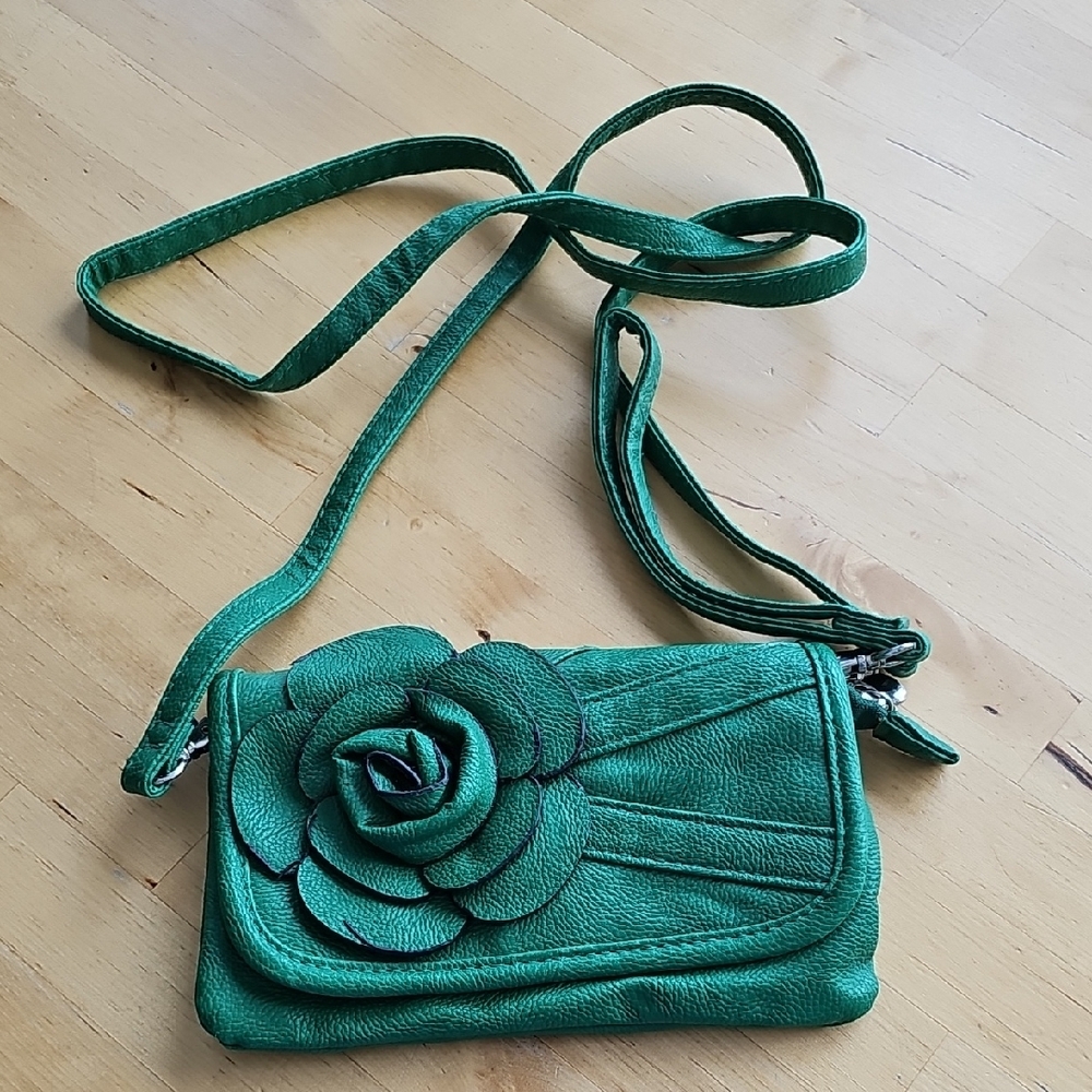 Green Leather Crossbody Bag with Floral Design